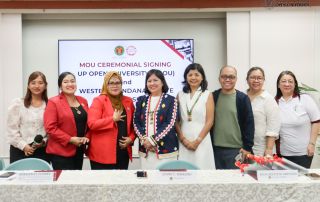 UPOU Chancellor Joane Serrano (center), with (L–R): Ms. Lovelyn Petrasanta, Dr. Fuvie Roja-Bayot, Dr. Berhana Flores, Dr. Juvy Lizette Gervacio, Dr. Benigno Agapito Jr., Ms. Eleanor P. Manipol, and Ma’am Carmelita A. Orias.