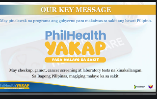 A presentation slide highlights the key message of the PhilHealth Yakap Program, which promotes preventive healthcare through consultations, medicines, cancer screening, and laboratory tests during the PhilHealth orientation session for UPOU personnel.