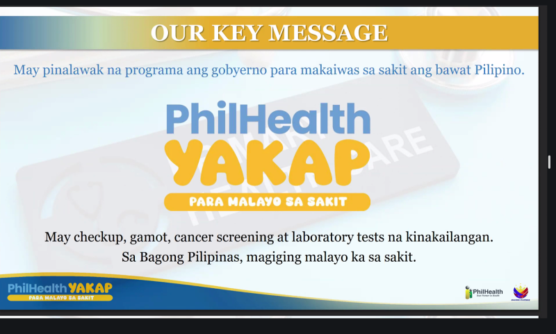 A presentation slide highlights the key message of the PhilHealth Yakap Program, which promotes preventive healthcare through consultations, medicines, cancer screening, and laboratory tests during the PhilHealth orientation session for UPOU personnel.