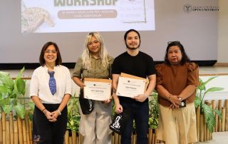 L-R- Dr. Finaflor Taylan, Chair of the UPOU Committee on DRR-CCAM and Dean of FMDS, Ms. Ong, Mr. Tamayo and Ms. Victoria Belegal, Chief AO of UPOU CDMO