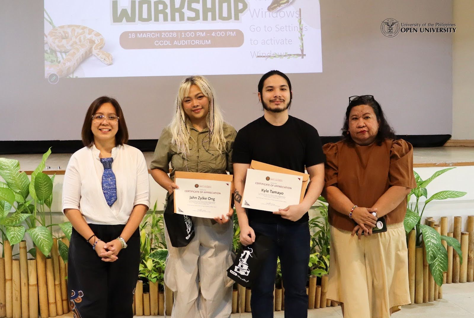 L-R- Dr. Finaflor Taylan, Chair of the UPOU Committee on DRR-CCAM and Dean of FMDS, Ms. Ong, Mr. Tamayo and Ms. Victoria Belegal, Chief AO of UPOU CDMO