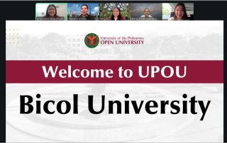 UPOU Quality Assurance Office (QAO) Director Ria Valerie Cabanes (center) with Bicol University Faculty Researchers Dr. Richard M. Lorente (left) and Dr. Arnel A. Lorenzana (right), together with QAO personnel Ms. Maelyn Pisueña (leftmost) and Office of Public Affairs (OPA) staff Ms. Marinela Hernandez (rightmost).