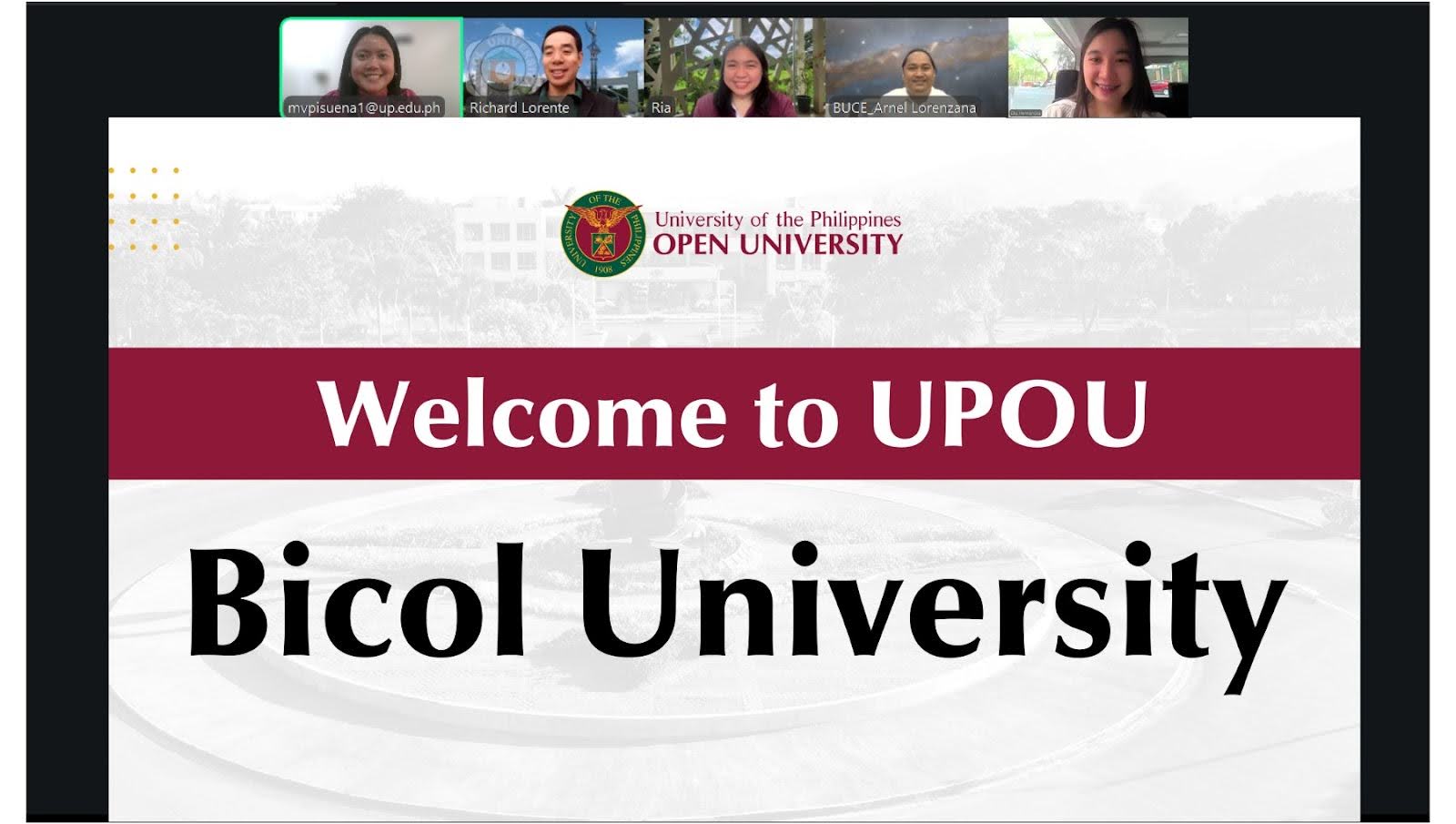 UPOU Quality Assurance Office (QAO) Director Ria Valerie Cabanes (center) with Bicol University Faculty Researchers Dr. Richard M. Lorente (left) and Dr. Arnel A. Lorenzana (right), together with QAO personnel Ms. Maelyn Pisueña (leftmost) and Office of Public Affairs (OPA) staff Ms. Marinela Hernandez (rightmost).