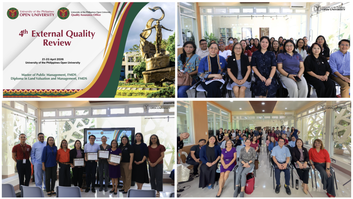 (1) 4th External Quality Review banner; (2) DLVM and MPM Reviewers with VCAA Aurora Lacaste and QAO Director Ria Valerie Cabanes, together with the DLVM and MPM SAR Writing Teams and other participants at the Opening Ceremony of the 4th External Quality Review; (3) DLVM and MPM SAR Writing Teams and Reviewers, together with QAO Director Ria Valerie Cabanes and VCAA Aurora Lacaste at the Closing Ceremony of the 4th External Quality Review; (4) Participants during the Closing Ceremony of the 4th External Quality Review.