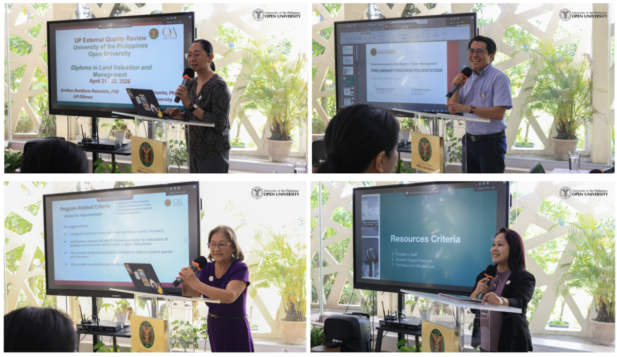Preliminary findings on the DLVM and MPM programs presented by the Reviewers: (1) Dr. Ma. Amihan Ramolete, DLVM Lead Reviewer; (2) Dr. Edmund Centeno, MPM Lead Reviewer; (3) Dr. Melinda Lumanta, DLVM External Reviewer; and (4) Dr. Emely Amoloza, MPM External Reviewer.