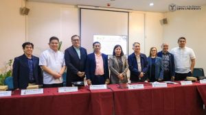 UPOU Chancellor Joane V. Serrano (5th from left) joins the principal signatories during the ceremonial signing. From left to right: Bulacan State University Vice President for Academic Affairs Warlito M. Galita; City College of Angeles Chief Administrative Officer Beejay A. Sebastian; Mapúa University President Engr. Dodjie S. Maestrecampo, University of Science and Technology of Southern Philippines, President Dr. Ambrosio B. Cultura II; Eulogio “Amang” Rodriguez Institute of Science and Technology, President Dr. Rogelio T. Mamaradlo; University of the Cordilleras representative Engr. Rose Ellen Macabiog, Technological University of the Philippines President, Dr. Reynaldo R. Ramos; and Mariano Marcos State University Vice President for Resource Generation and Management, Dr. Bjorn Santos.