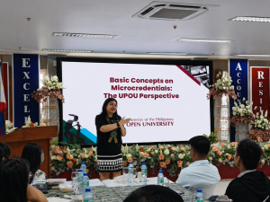 Asst. Prof. Ria Valerie Cabanes, Director of the Quality Assurance Office, presents the basic concepts on microcredentials during the Strategic Planning and Innovation Workshop for Agriculture Higher Education Programs at Sorsogon State University. Photo from SUC-ACAP, Inc.