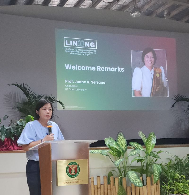 UPOU Chancellor Joane V. Serrano delivers her opening remarks, welcoming participants to the second batch of LINANG UPOU.