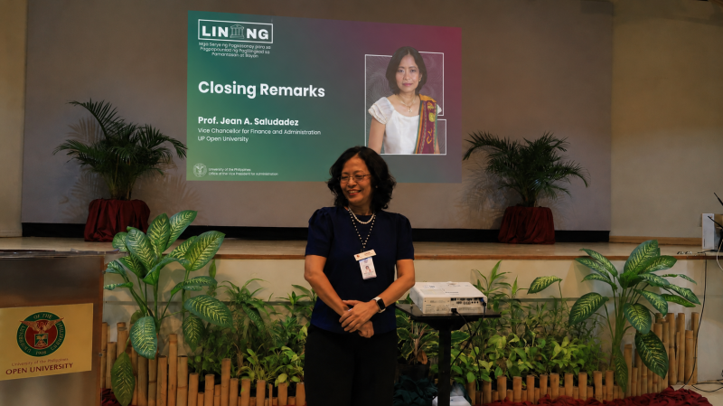 Vice Chancellor Jean A. Salduadez delivers her closing remarks during the culmination of LINANG UPOU Batch 2.