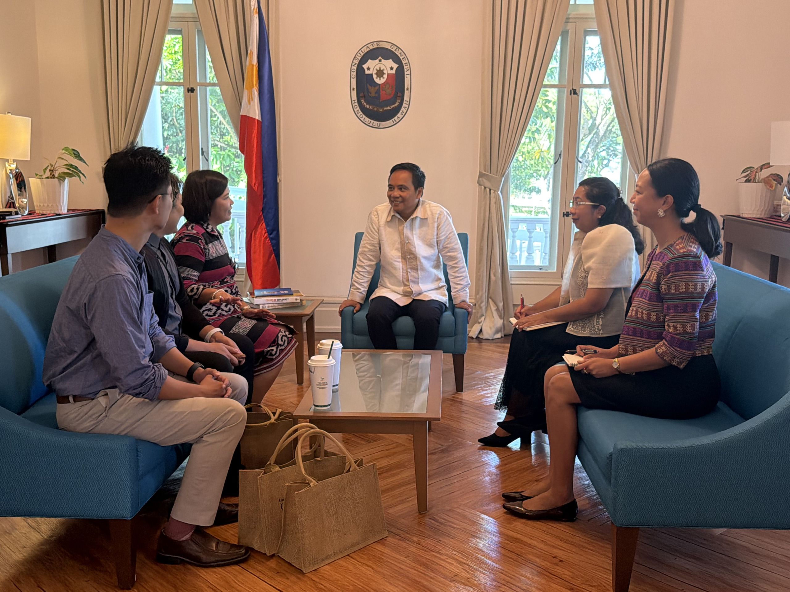 Chancellor Prof. Joane V. Serrano (third from left) and (PCG Honolulu Consul General Arman R. Talbo (center) discuss potential areas of collaboration, together with FICS Dean Assoc. Prof. Roberto B. Figueroa Jr., UPOU ICTDO Director Assoc. Prof. Reinald Adrian DL. Pugoy, , Deputy Consul General Pamela F. Durian-Bailon, and Political Assistant Elaine Justine L. Aldaya. (Photo courtesy of PCG Honolulu)