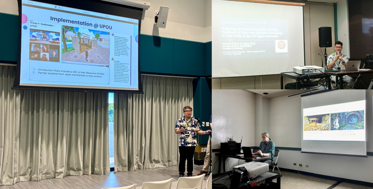 (Clockwise, from left) Dr. Roberto B. Figueroa Jr., Dr. Reinald Adrian Pugoy, and Asst. Prof. Al Francis Librero present their study during the ICoME 2026.