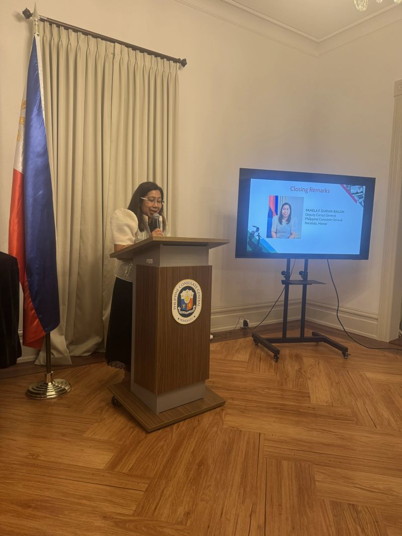 Philippine Consulate General in Honolulu Deputy Consul General Pamela F. Durian-Bailon delivers her closing remarks during the UP VINTA Learning Caravan.