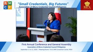 Chancellor Serrano discusses the importance of Microcredentials in Open Borderless Learning Photo credit: Association of Micro-Credential Council Philippines Inc.