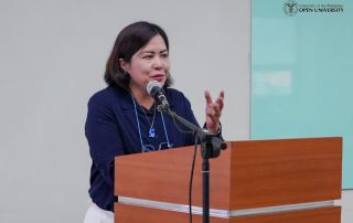 Dr. Joane V. Serrano, Chancellor of UPOU, shares insights on scale, inclusion, and inter-sectoral coordination in flexible education, highlighting their relevance to the upcoming global gathering in Cebu, during the press conference held on 26 September 2026 at the University of the Philippines in Bonifacio Global City.