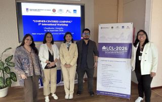 UPOU delegates at the LCL 2026 International Workshop in Ulaanbaatar, Mongolia. From left: Ms. Dona Lyn Piamonte, Asst. Prof. Tricia Ascan, Prof. Dr. Juvy Lizette Gervacio, Asst. Prof. Joseph De Mesa, and Asst. Prof. Regine Karla Bagalanon.
