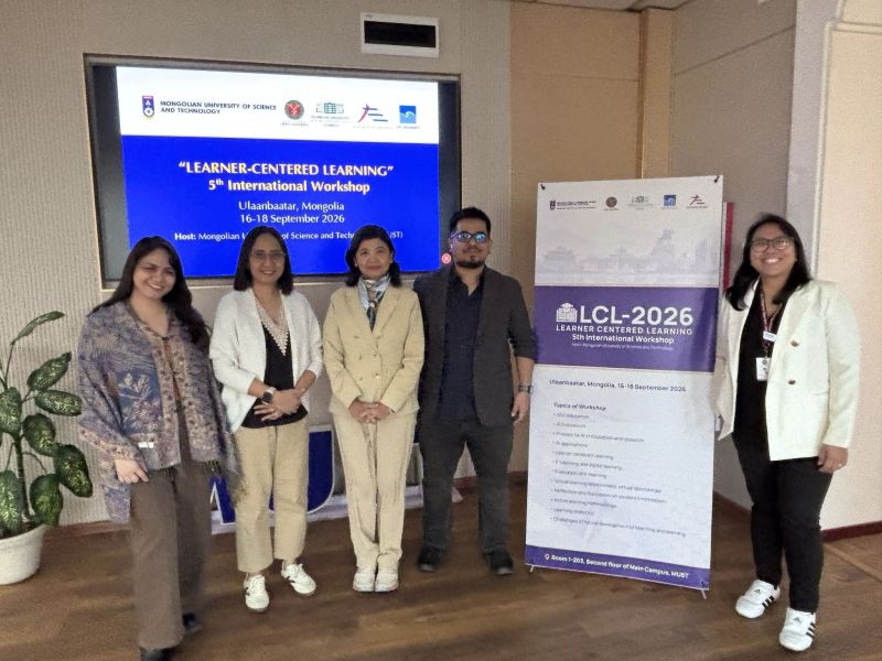 UPOU delegates at the LCL 2026 International Workshop in Ulaanbaatar, Mongolia. From left: Ms. Dona Lyn Piamonte, Asst. Prof. Tricia Ascan, Prof. Dr. Juvy Lizette Gervacio, Asst. Prof. Joseph De Mesa, and Asst. Prof. Regine Karla Bagalanon.