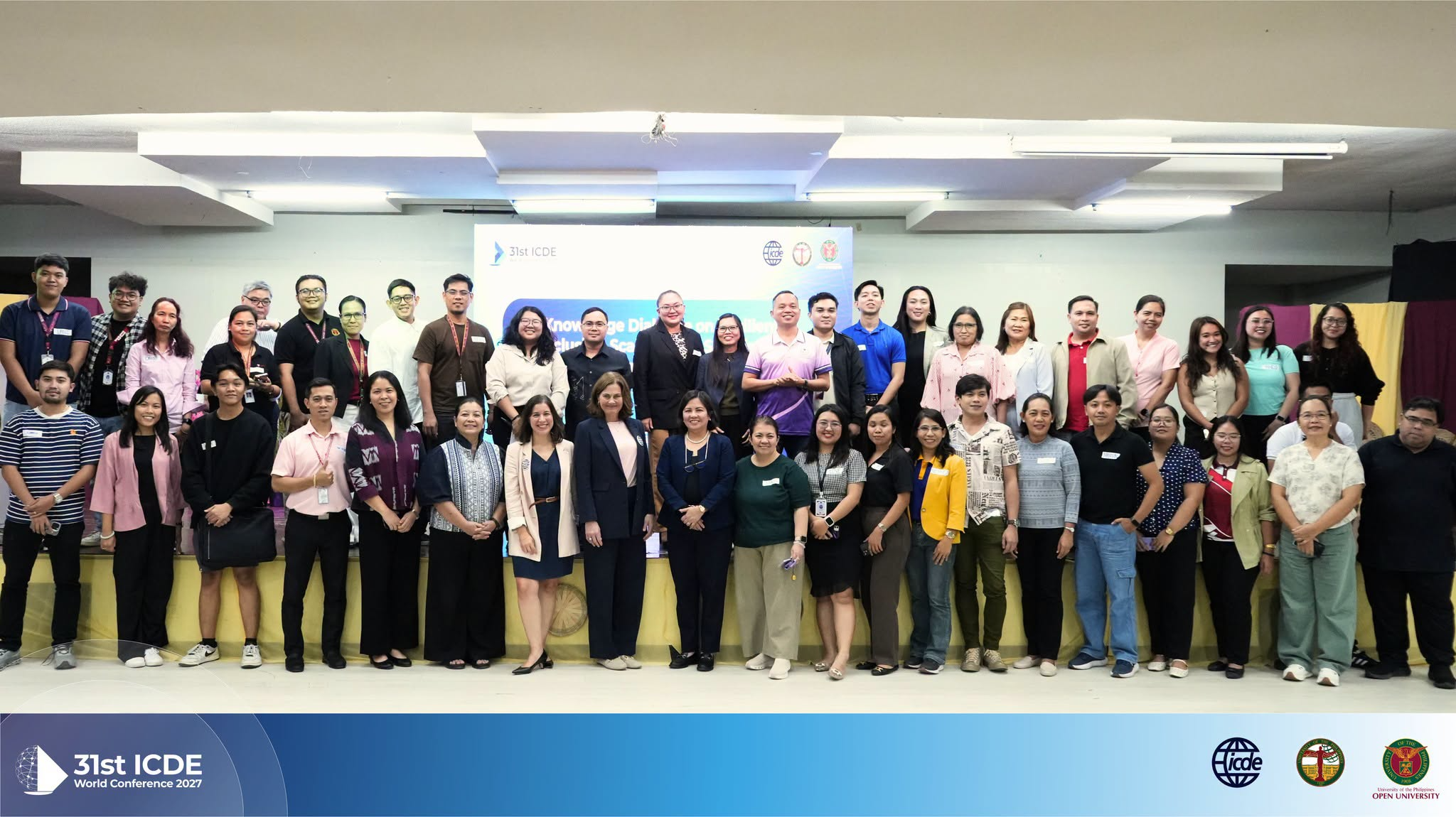 Representatives from UPOU, ICDE, UP Cebu, and various sectors of the education community come together for the ICDE Knowledge Dialogue held on 23 September 2026 at the UP Cebu Performing Arts Hall.